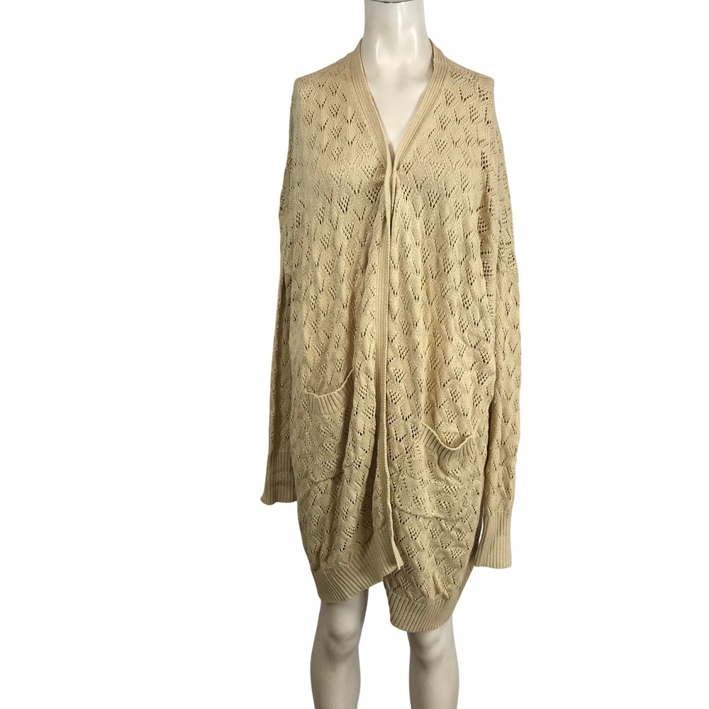 HEYSON Beige Knit Diamond Pattern Long Cardigan Open Front Pockets Size 3XL